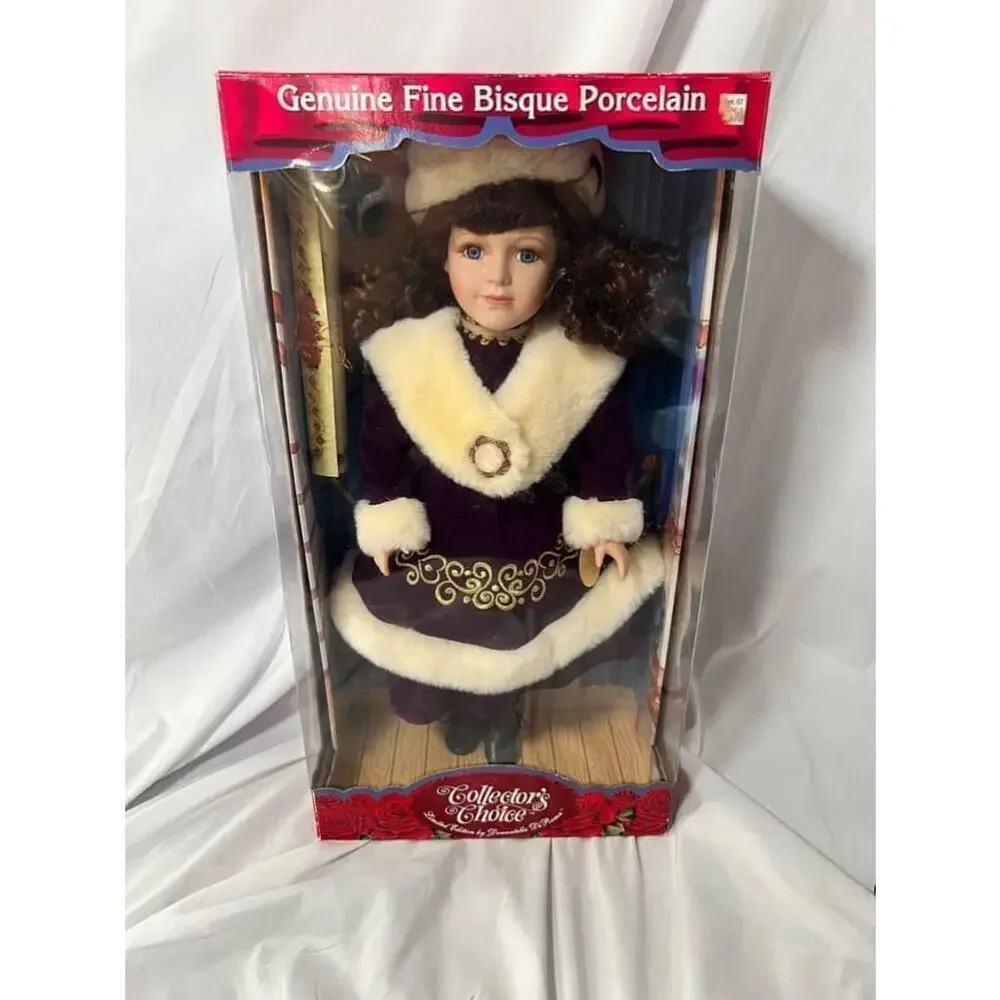 Vintage Porcelain Doll Bisque Girl Purple Dress In Box Collector's Choice w/ COA